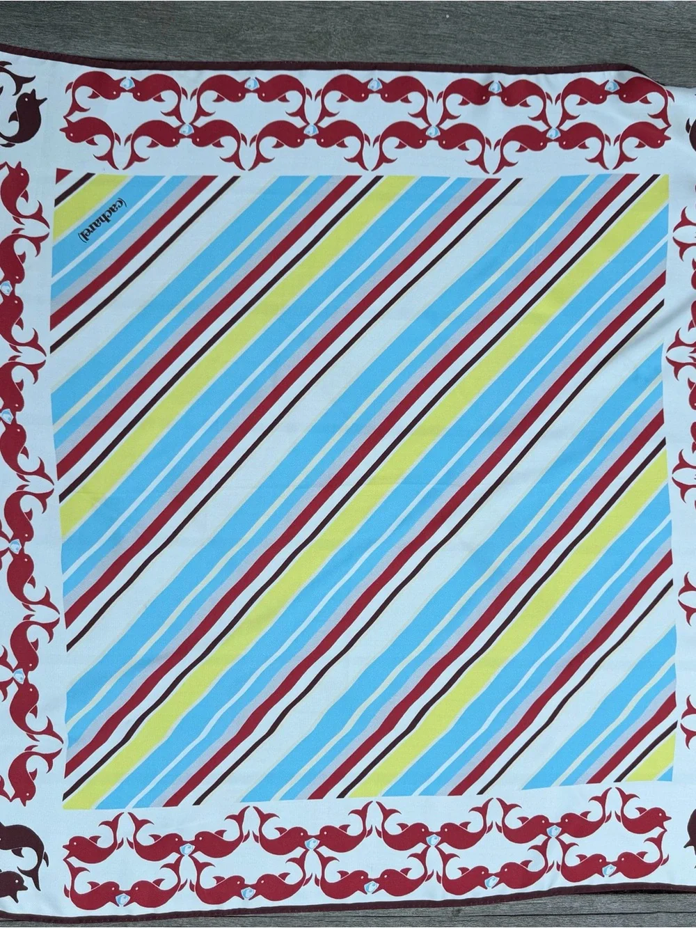 Vintage CACHAREL Silk Square Scarf Red Dolphin Border Diagonal Striped Nautical